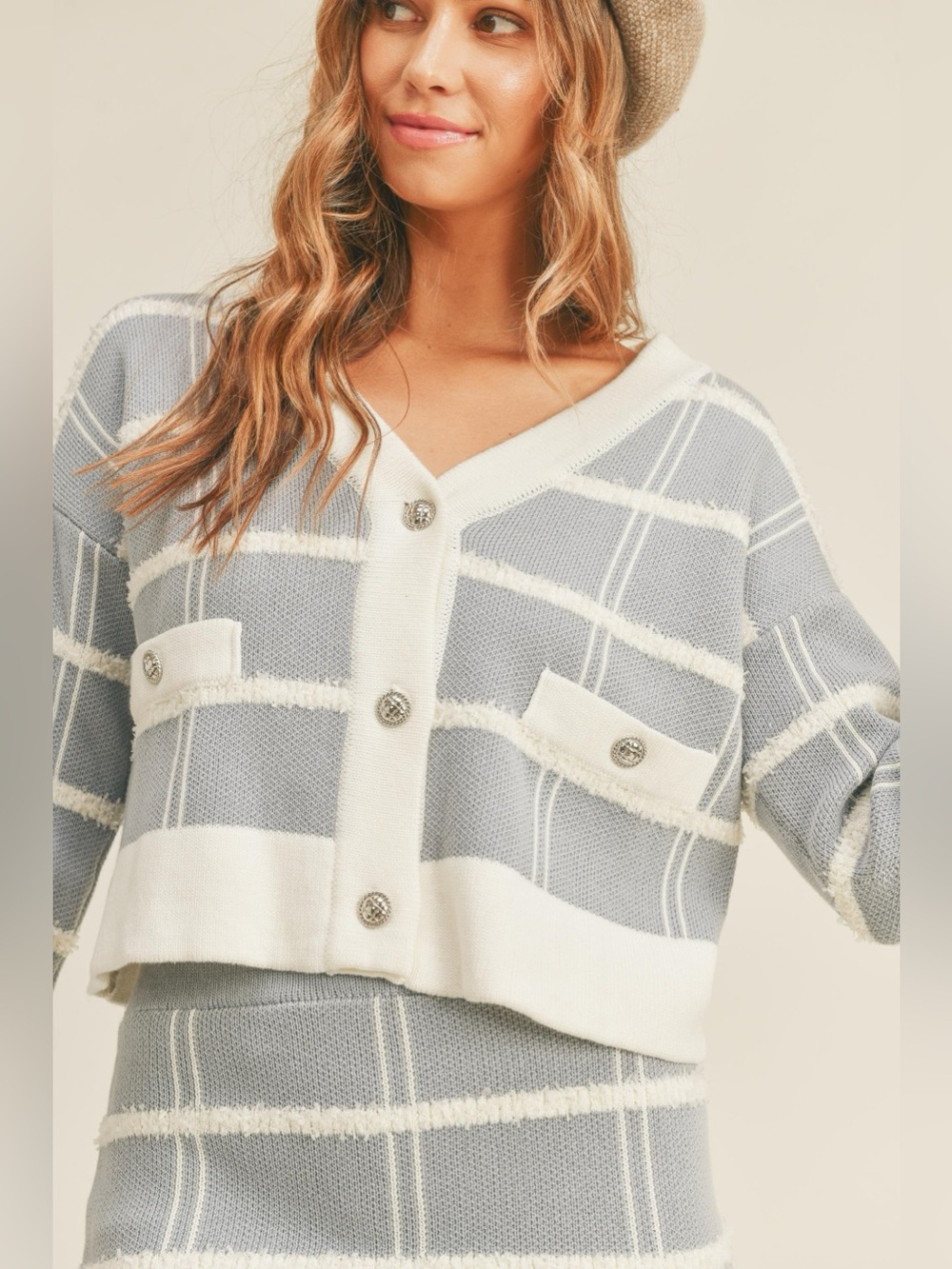 MABLE Plaid Button Down Sweater Cardigan and Mini Skirt Set - Picture 5 of 5